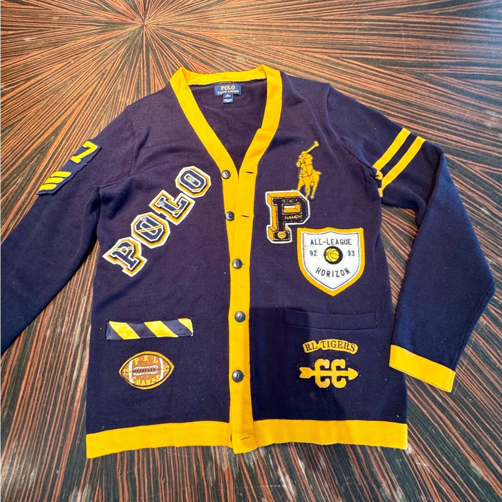 🔥🔥 HOT Polo Ralph Lauren Navy Yellow Varsity Preppy Cardigan Patches P Wing - Picture 3 of 16